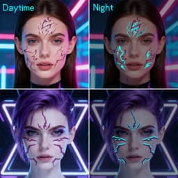 2pcs Glow in The Dark Kpop Gothic Women Face Temporary Tattoos -Cool Blue Purple Lightning & Vein Body Art Waterproof Tattoos