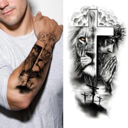 God Cross Lion Temporary Tattoos For Men Women Realistic Compass Lion Fake Tatoos Forearm Jesus Christ Thigh Tattoo Sticker