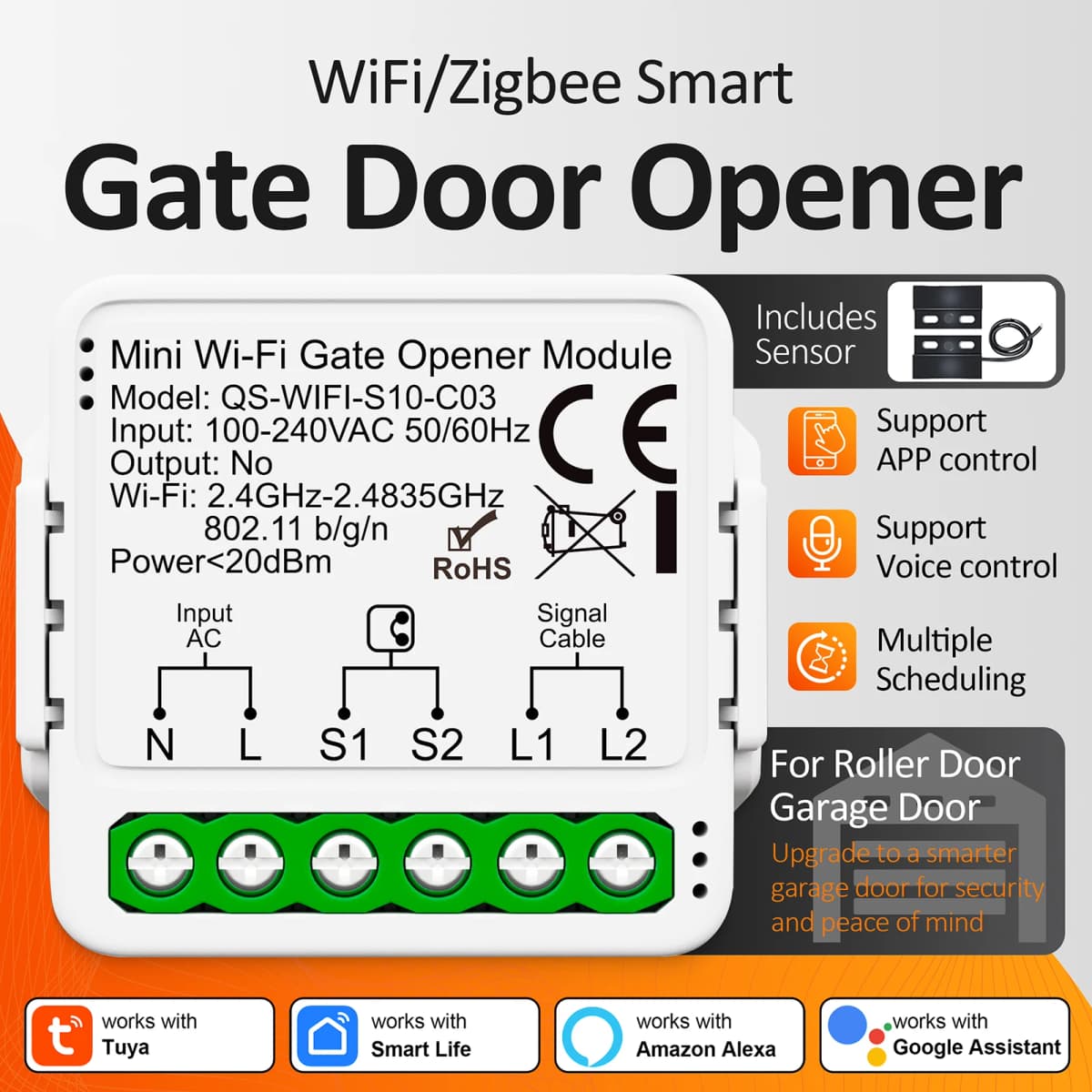 Tuya 16A Mini Wifi Zigbee Smart Gate Controller Remote, Timer and Voice Control, Works With Alexa Google Home Assistant