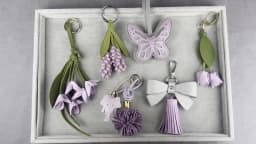 Purple Butterfly & Flower Keychain Charm Set, Cute PU Leather Floral Bag Accessories for Purple Lovers/Realistic Bloom/Good Gift