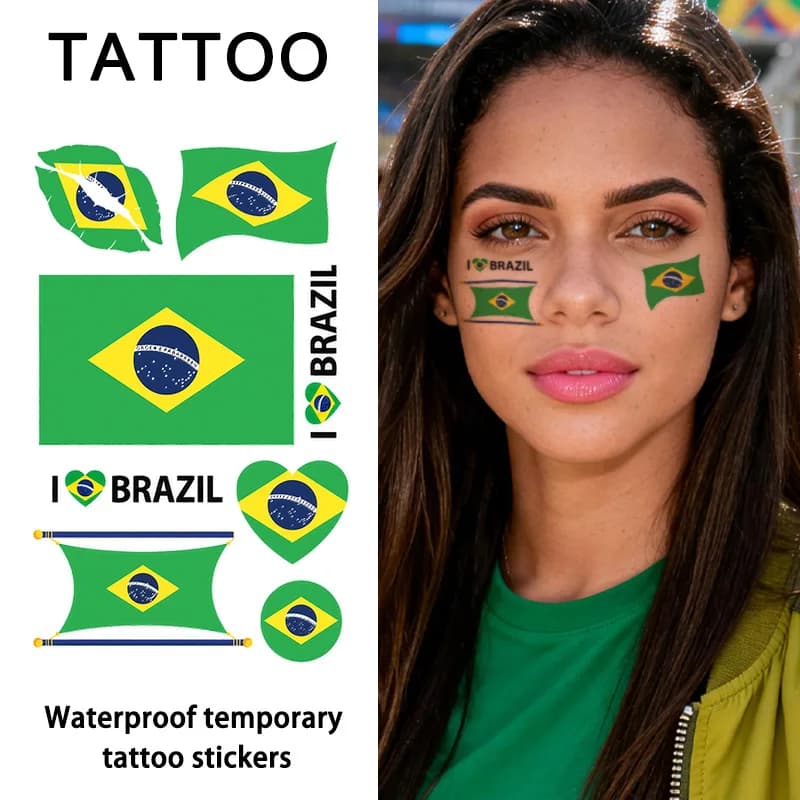 Brazil Flag Temporary Tattoo Sticker, Long-lasting and Waterproof, Festival, Football, Soccer Fan Stickers, Arm, Face