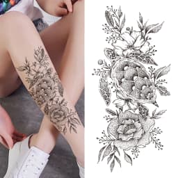 Black 3D Rose Temporary Tattoo For Women Girls Adult Peony Dahlia Flower Tattoos Sticker Black Flora Glory Geometric Arm Tatoos