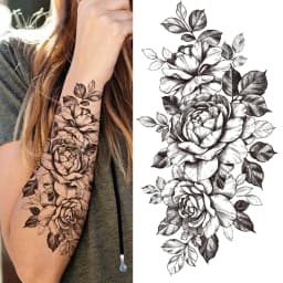 Black 3D Rose Temporary Tattoo For Women Girls Adult Peony Dahlia Flower Tattoos Sticker Black Flora Glory Geometric Arm Tatoos