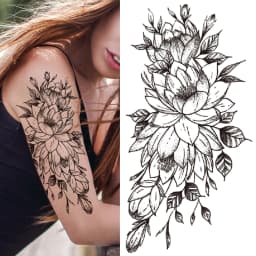 Black 3D Rose Temporary Tattoo For Women Girls Adult Peony Dahlia Flower Tattoos Sticker Black Flora Glory Geometric Arm Tatoos