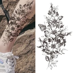 Black 3D Rose Temporary Tattoo For Women Girls Adult Peony Dahlia Flower Tattoos Sticker Black Flora Glory Geometric Arm Tatoos