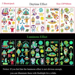 5 Sheets Luminous Tattoo Stickers Temporary Colorful Animal Dinosaur Tattoo Fake Tattoo for Body Hand Face