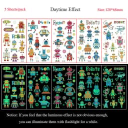 5 Sheets Luminous Tattoo Stickers Temporary Colorful Animal Dinosaur Tattoo Fake Tattoo for Body Hand Face