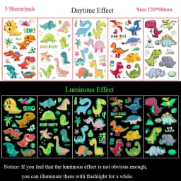 5 Sheets Luminous Tattoo Stickers Temporary Colorful Animal Dinosaur Tattoo Fake Tattoo for Body Hand Face