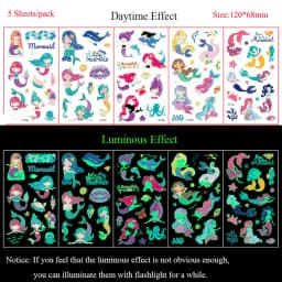 5 Sheets Luminous Tattoo Stickers Temporary Colorful Animal Dinosaur Tattoo Fake Tattoo for Body Hand Face