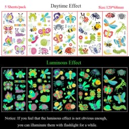 5 Sheets Luminous Tattoo Stickers Temporary Colorful Animal Dinosaur Tattoo Fake Tattoo for Body Hand Face