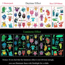 5 Sheets Luminous Tattoo Stickers Temporary Colorful Animal Dinosaur Tattoo Fake Tattoo for Body Hand Face