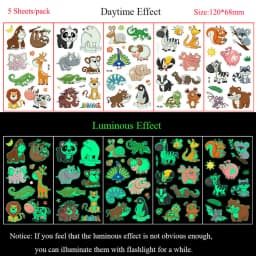 5 Sheets Luminous Tattoo Stickers Temporary Colorful Animal Dinosaur Tattoo Fake Tattoo for Body Hand Face