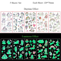 5 Sheets Luminous Tattoo Stickers Temporary Colorful Animal Dinosaur Tattoo Fake Tattoo for Body Hand Face
