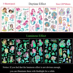 5 Sheets Luminous Tattoo Stickers Temporary Colorful Animal Dinosaur Tattoo Fake Tattoo for Body Hand Face