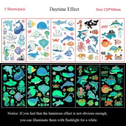 5 Sheets Luminous Tattoo Stickers Temporary Colorful Animal Dinosaur Tattoo Fake Tattoo for Body Hand Face