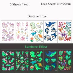 5 Sheets Luminous Tattoo Stickers Temporary Colorful Animal Dinosaur Tattoo Fake Tattoo for Body Hand Face