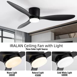 IRALAN Ceiling Fan With Light 6-speed choice Reversible DC motor 3CCT with remote control Whisper Easy Install black/White/Wood
