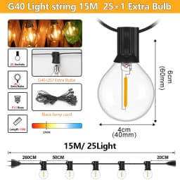 7.6-30 Meter G40 Garland String Lights LED Waterproof and Shatterproof Globe Bulb Outdoor Patio String Lights for Christmas Deco