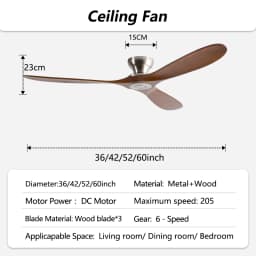 42/52/60 Inch Low Floor Ceiling Fan 3 Wooden Blade DC Motor Electric Fan with Remote Control for Living Room Dining Room Bedroom