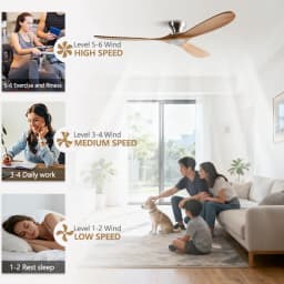 42/52/60 Inch Low Floor Ceiling Fan 3 Wooden Blade DC Motor Electric Fan with Remote Control for Living Room Dining Room Bedroom