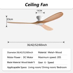 42/52/60 Inch Low Floor Ceiling Fan 3 Wooden Blade DC Motor Electric Fan with Remote Control for Living Room Dining Room Bedroom