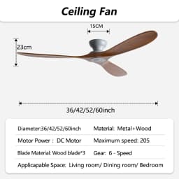 42/52/60 Inch Low Floor Ceiling Fan 3 Wooden Blade DC Motor Electric Fan with Remote Control for Living Room Dining Room Bedroom