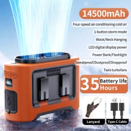 Socoolfan 14500mAh Outdoor Fan Portable Waist Hanging Neck Strong Dual Air Vents Fans for Travel Sports Courier Outdoor Working