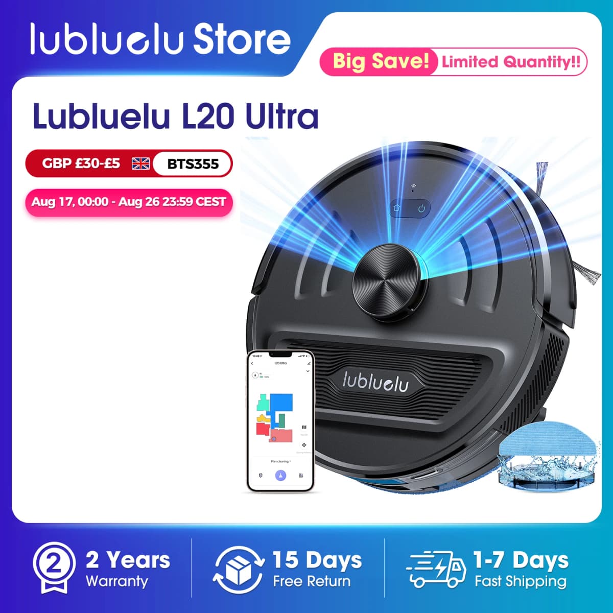 Lubluelu L20 Ultra Robot Vacuum Mop Combo 5500Pa Robot Vacuum Auto-Charging 5 Maps 24 No-go Zones 3 In 1 Robot Vacuum Cleaner