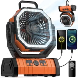 Camping Fan 20000mAh Battery Powered Fan Rechargeable with LED Light Portable Outdoor Tent Fan with Hanging Hook 4 Speeds Wind