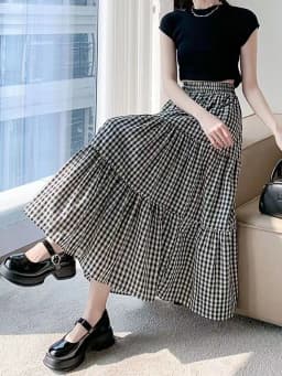 Patchwork Tiered Skirt Women 2025 Summer Vintage Checkered High Waisted Elastic Waist Slimming Midi Skir