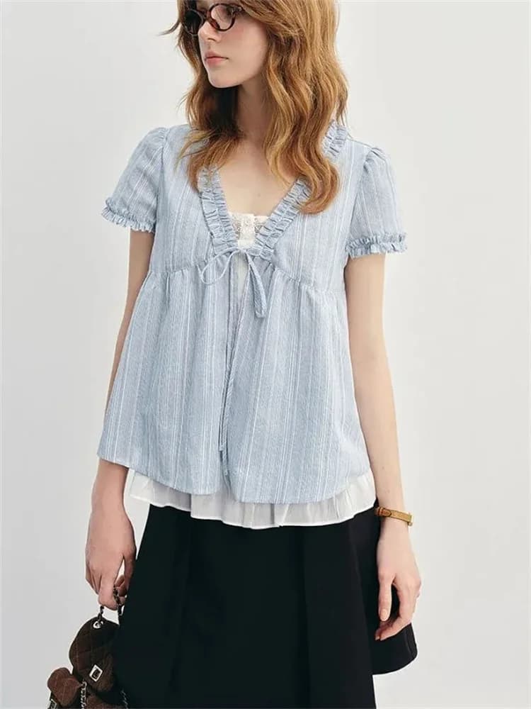 Blue Summer Women's irt V-ne Puffy Sve Loose Faionable ort-sved Knot Top Korean Sle Sweet Loose