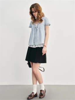 Blue Summer Women's irt V-ne Puffy Sve Loose Faionable ort-sved Knot Top Korean Sle Sweet Loose