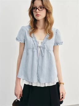 Blue Summer Women's irt V-ne Puffy Sve Loose Faionable ort-sved Knot Top Korean Sle Sweet Loose