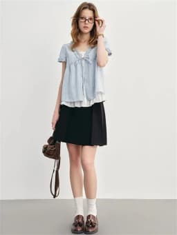 Blue Summer Women's irt V-ne Puffy Sve Loose Faionable ort-sved Knot Top Korean Sle Sweet Loose