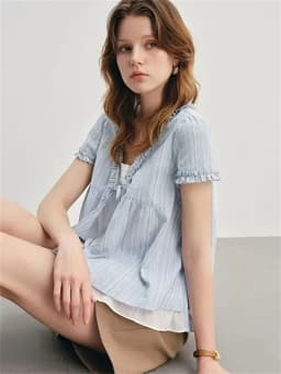Blue Summer Women's irt V-ne Puffy Sve Loose Faionable ort-sved Knot Top Korean Sle Sweet Loose