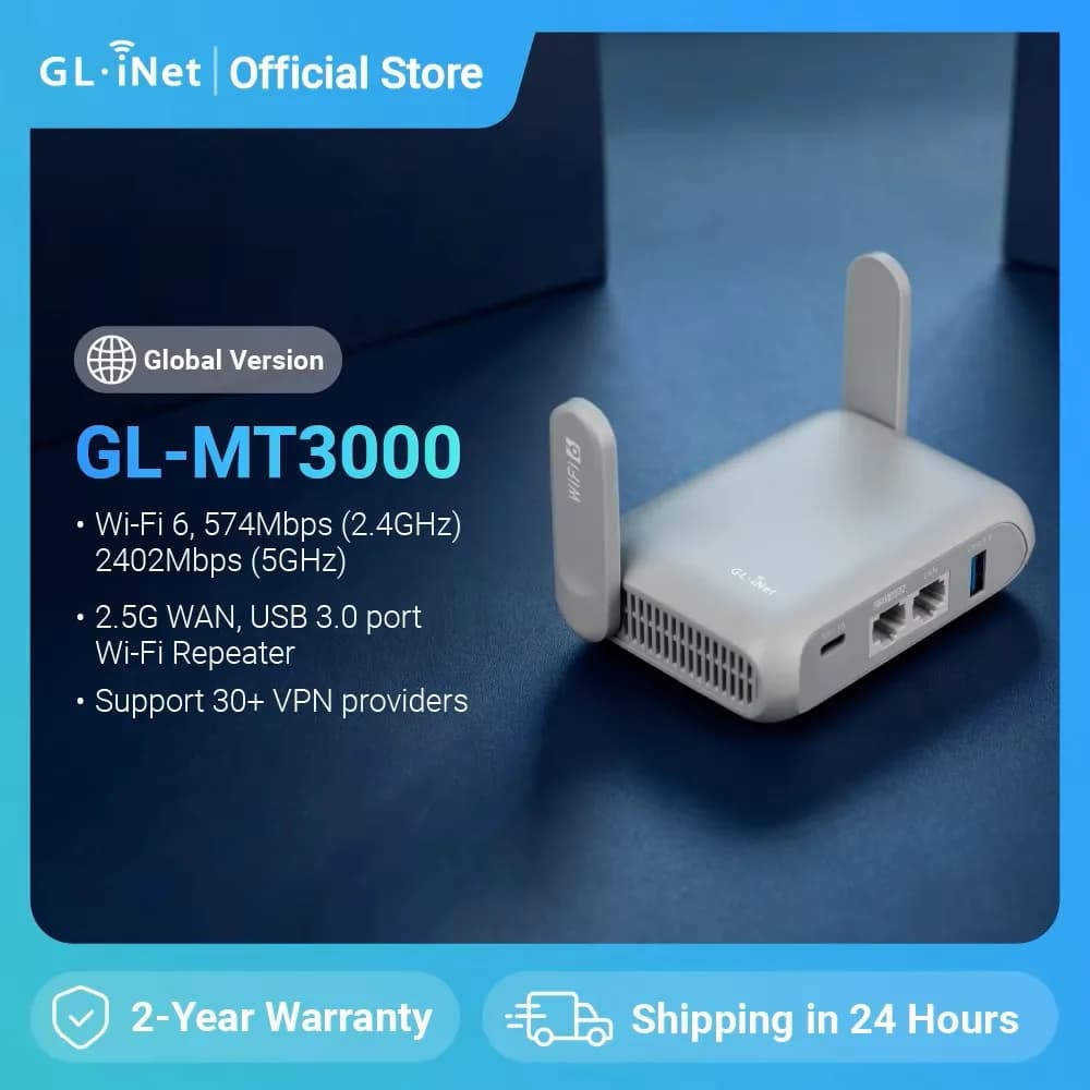 GL.iNet GL-MT3000 (Beryl AX) Wi-Fi 6 Wireless Travel Gigabit Router, Connect Public & Hotel Wi-Fi, Captive Portal, Cybersecurity