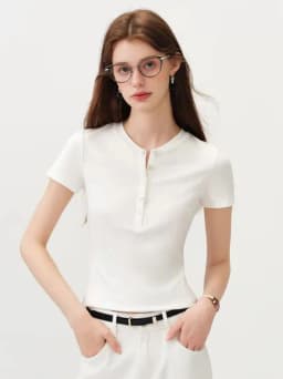 FSLE New Summer Women's Fitted Short Sleeve White T-Shirt with Buttons Soft Cotton Lyocell Office Commute Daily Versatile Top