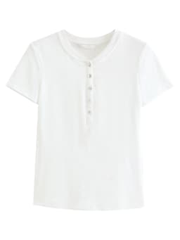 FSLE New Summer Women's Fitted Short Sleeve White T-Shirt with Buttons Soft Cotton Lyocell Office Commute Daily Versatile Top