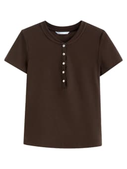 FSLE New Summer Women's Fitted Short Sleeve White T-Shirt with Buttons Soft Cotton Lyocell Office Commute Daily Versatile Top