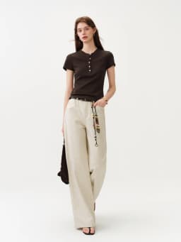 FSLE New Summer Women's Fitted Short Sleeve White T-Shirt with Buttons Soft Cotton Lyocell Office Commute Daily Versatile Top