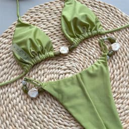 Solid Green Swimwears Sexy Halter Triangle Bead String Bikini Mini Micro Thong Swimsuit Woman 2026 Summer Brazilian Bikinis Sets