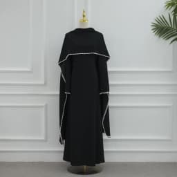 White Pearl Trim Cape Maxi Dress Women Elegant Long Sleeve Cinched Waist Muslim Robes 2026 Spring EID Abaya Lady Dresses