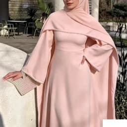 White Pearl Trim Cape Maxi Dress Women Elegant Long Sleeve Cinched Waist Muslim Robes 2026 Spring EID Abaya Lady Dresses