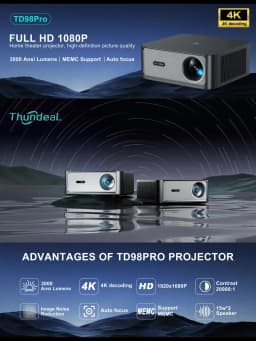 ThundeaL 3000Ansi 4K Full HD Projector TD98Pro 2G 32G Home Theater WiFi Android Portable Samrt TV Cinema TD98 Pro Beam Projector