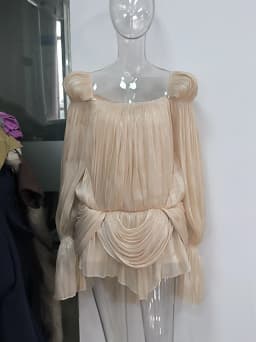 Satin Off Shoulder Pleated Mini Dress for Women Fashion Puff Sleeve Cinched Waist Prom Party Skirt 2026 NEW Summer Lady Dresses