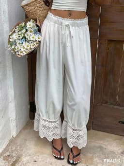 Womens Wide Leg Pants White Polyester Lace Trim Hem Casual Loose Fit Summer Trousers Wide Leg Pants