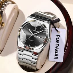 POEDAGAR Luxury Men's Quartz Wristwatch Waterproof Luminous Date Week Man Watch Stainless Steel Business Fashion Watches For Men