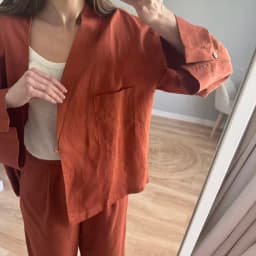 Women's Linen Two Piece Set Kimono Wrap Top & Wide Leg Pants Caramel Loose Loungewear Outfit with Waist Tie for summer