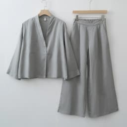 Women's Linen Two Piece Set Kimono Wrap Top & Wide Leg Pants Caramel Loose Loungewear Outfit with Waist Tie for summer