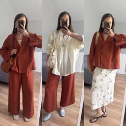 Women's Linen Two Piece Set Kimono Wrap Top & Wide Leg Pants Caramel Loose Loungewear Outfit with Waist Tie for summer
